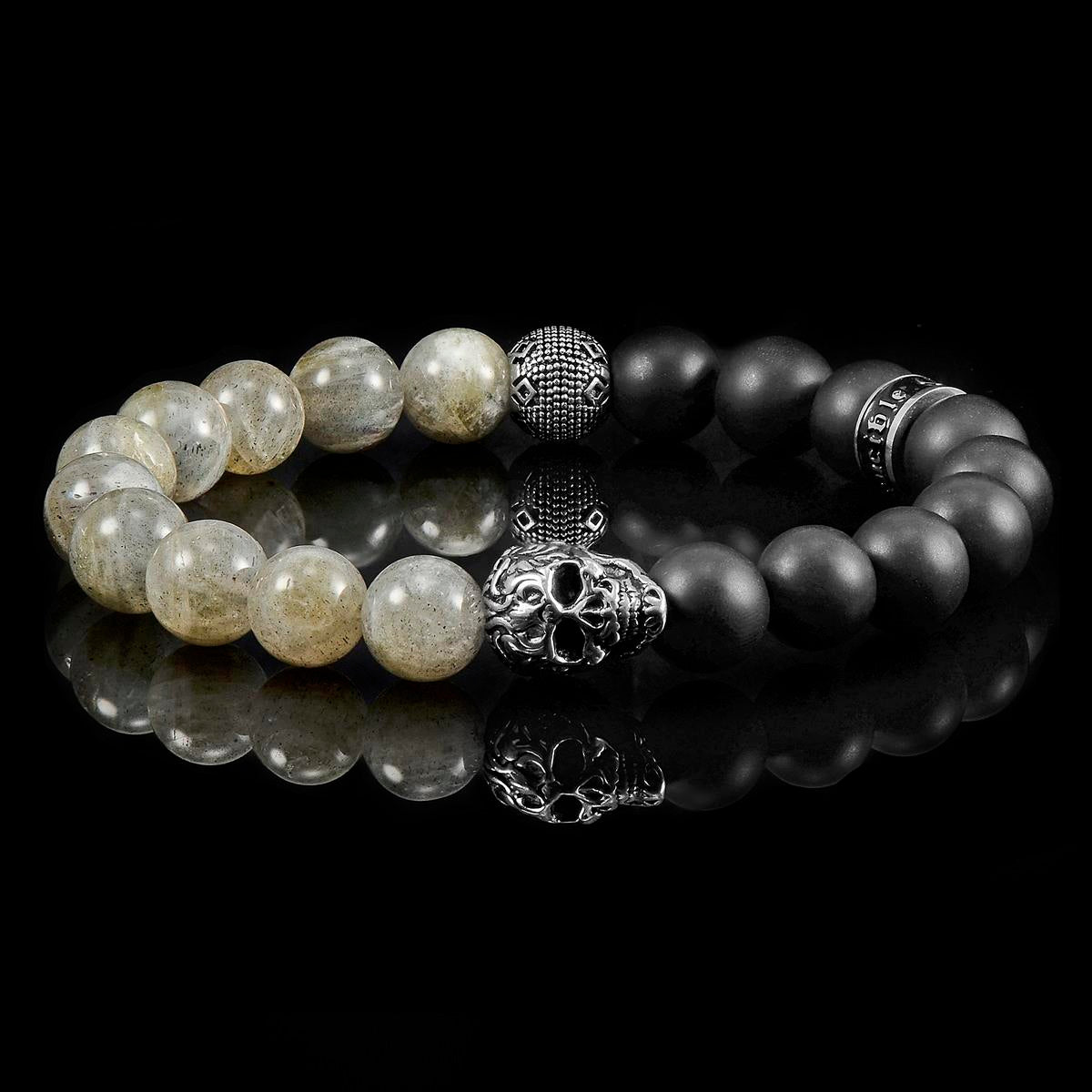 Crucible Jewelry Single Skull Stretch Bracelet with 10mm Matte Black Onyx and Labradorite Beads