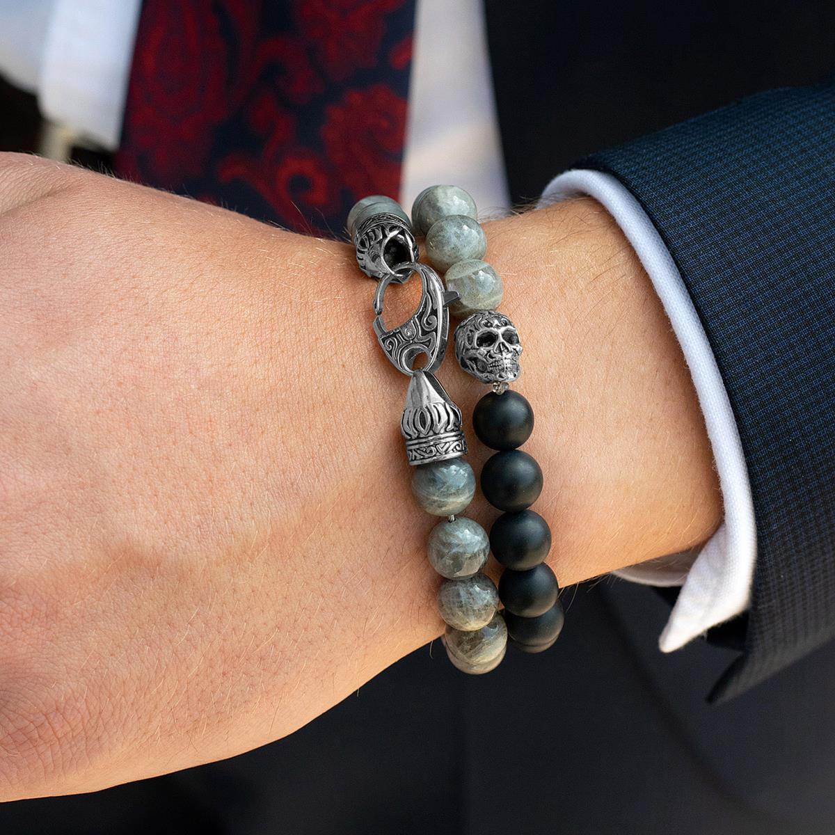 Crucible Jewelry Single Skull Stretch Bracelet with 10mm Matte Black Onyx and Labradorite Beads