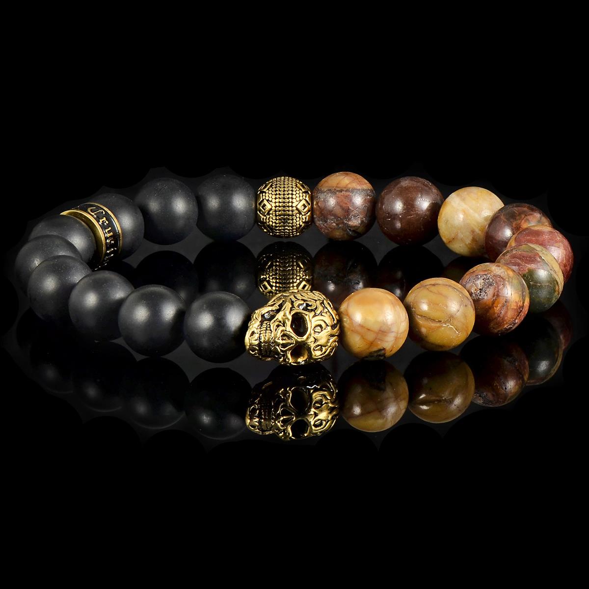 Crucible Jewelry Single Gold Skull Stretch Bracelet with 10mm Matte Black Onyx and Picasso Jasper Beads