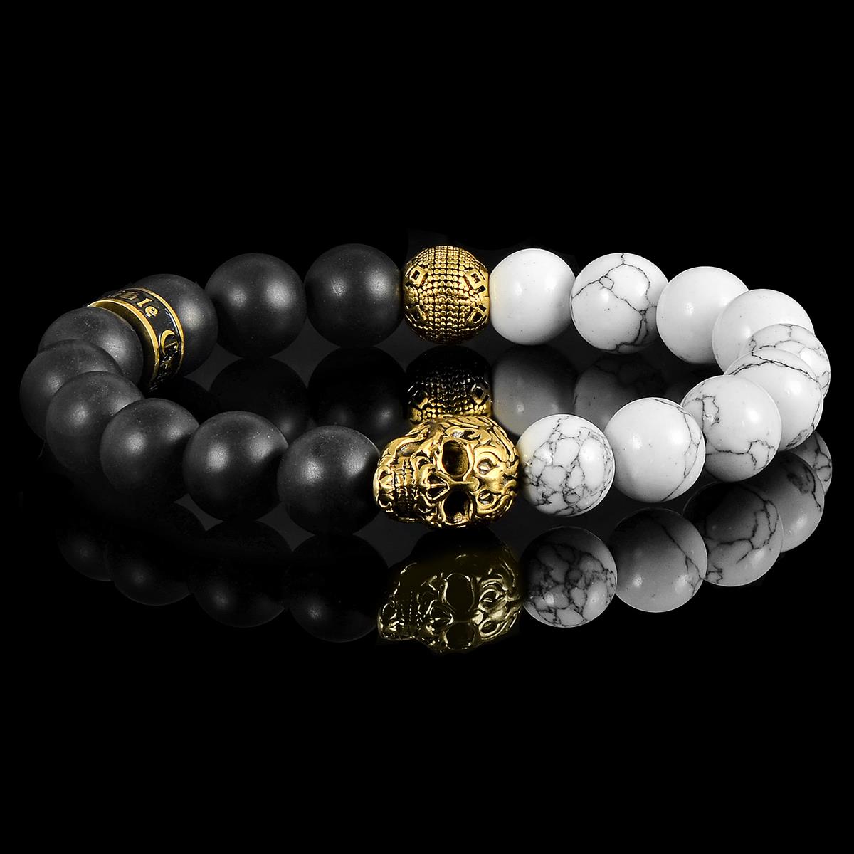 Men's Skull with Howlite and Matte Onyx Stone Beads Stretch Bracelet