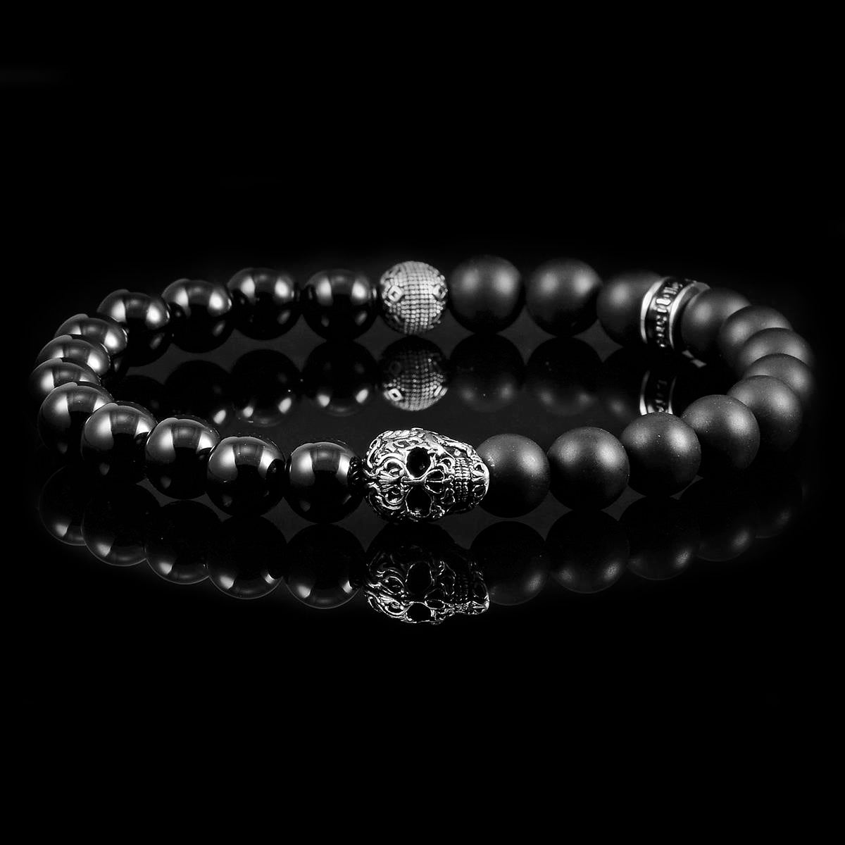 Crucible Jewelry Single Skull Stretch Bracelet with 8mm Matte and Polished Black Onyx Beads