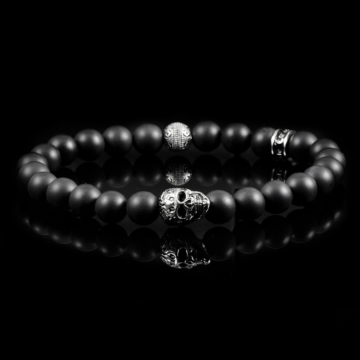 Crucible Jewelry Single Skull Stretch Bracelet with 8mm Matte Black Onyx Beads