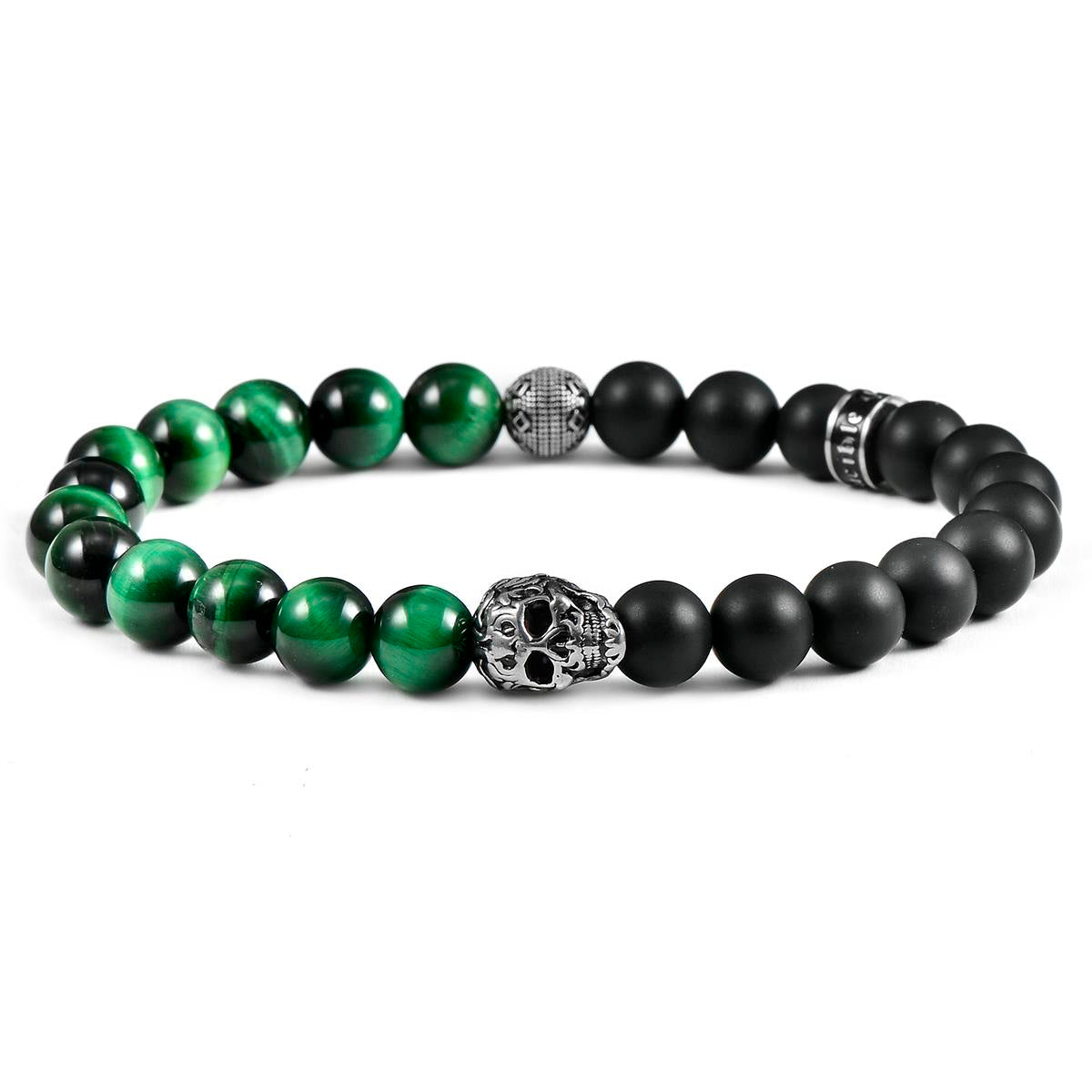 Crucible Jewelry Single Skull Stretch Bracelet with 8mm Matte Black Onyx and Green Tiger Eye Beads
