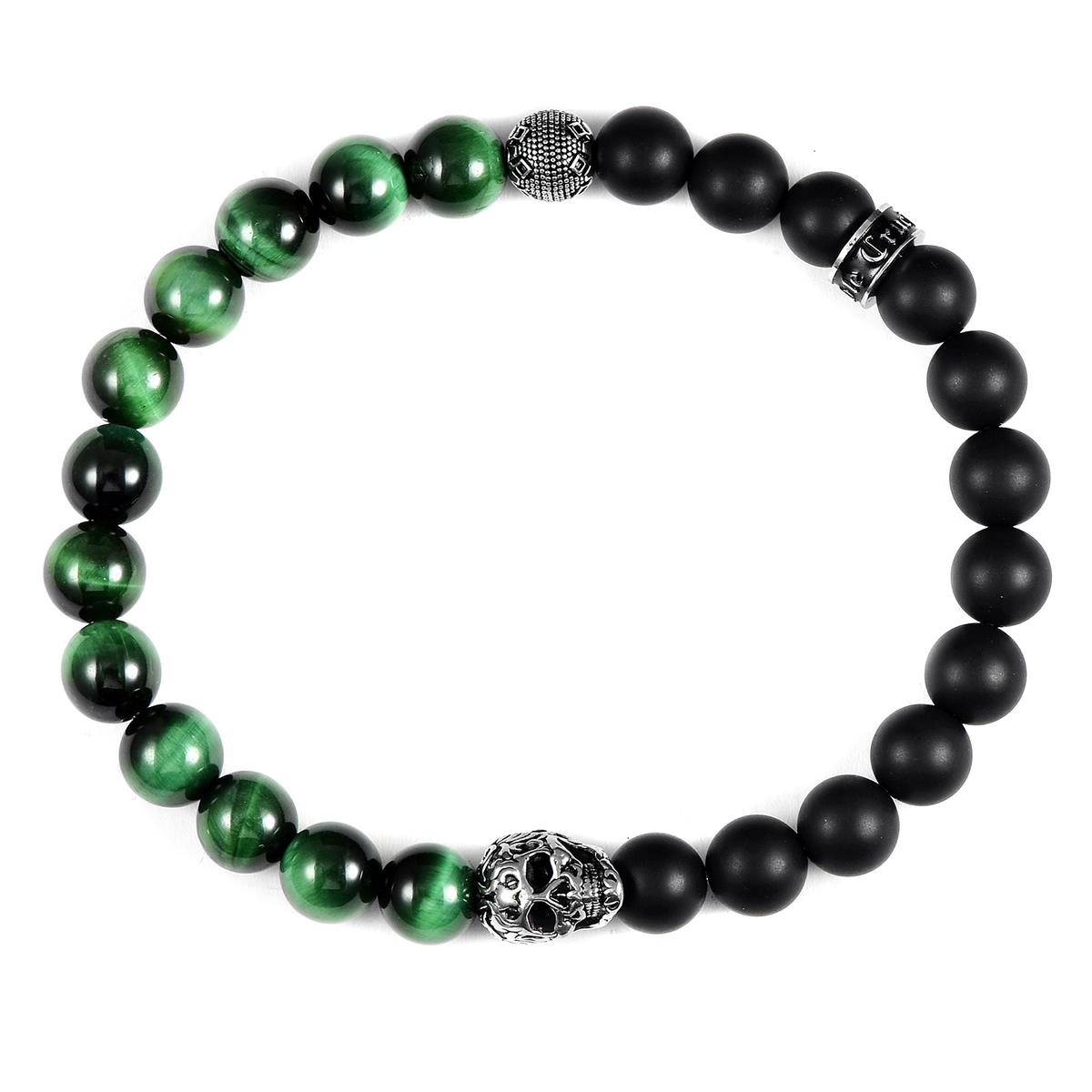 Crucible Jewelry Single Skull Stretch Bracelet with 8mm Matte Black Onyx and Green Tiger Eye Beads