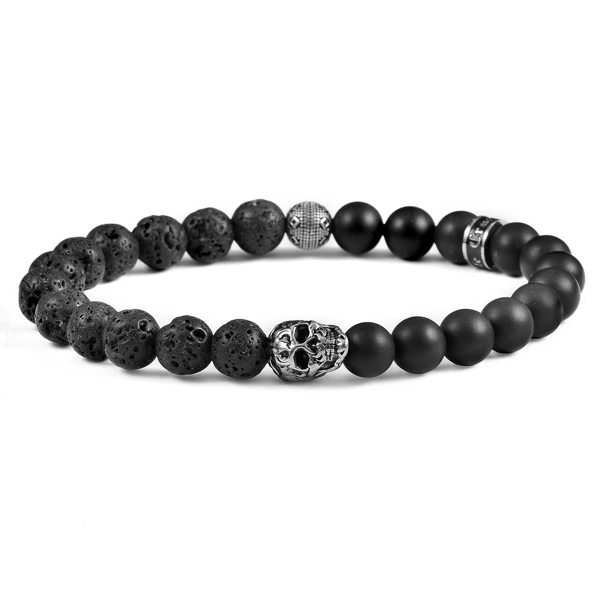 Crucible Jewelry Single Skull Stretch Bracelet with 8mm Matte Black Onyx and Black Lava Beads