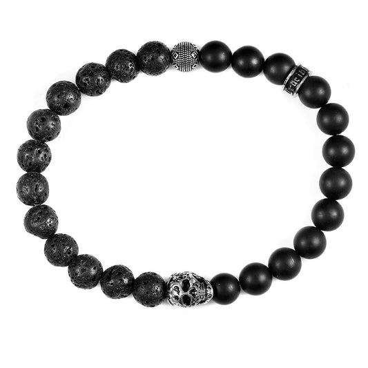 Crucible Jewelry Single Skull Stretch Bracelet with 8mm Matte Black Onyx and Black Lava Beads