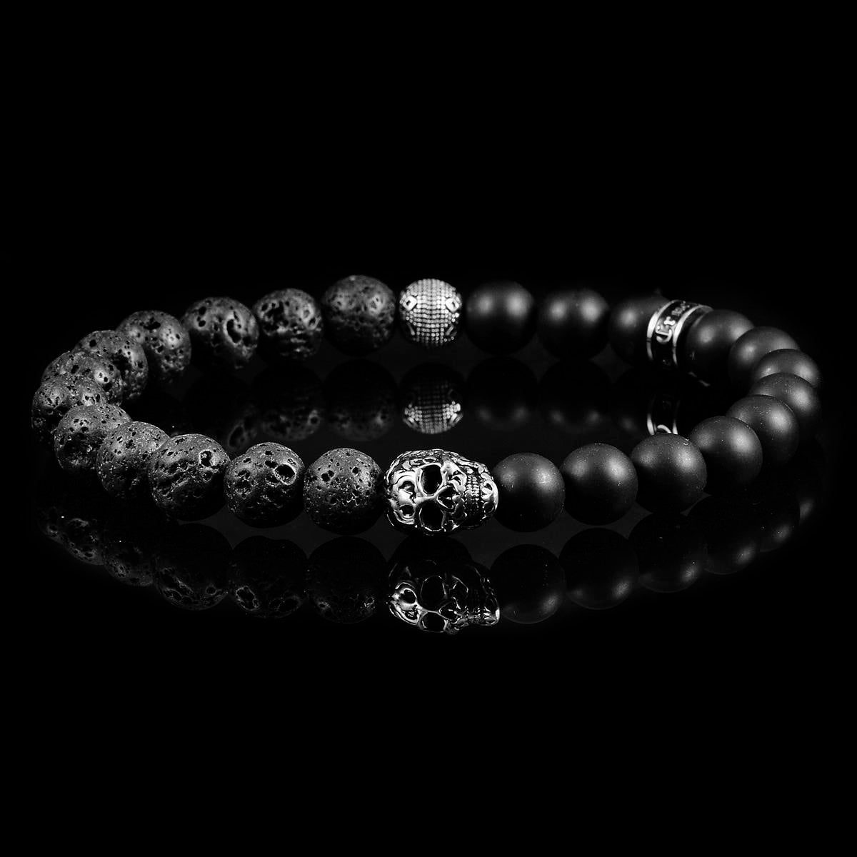 Crucible Jewelry Single Skull Stretch Bracelet with 8mm Matte Black Onyx and Black Lava Beads