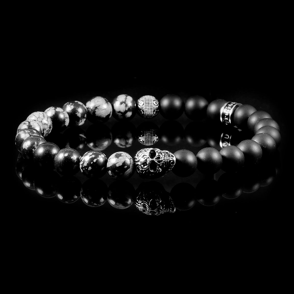 Crucible Jewelry Single Skull Stretch Bracelet with 8mm Matte Black Onyx and Snowflake Agate Beads