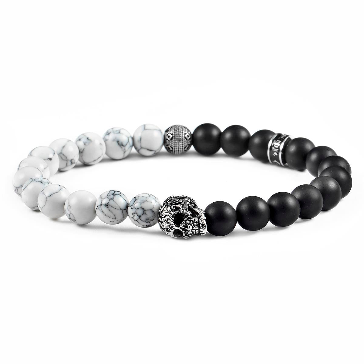 Crucible Jewelry Single Skull Stretch Bracelet with 8mm Matte Black Onyx and Howlite Beads