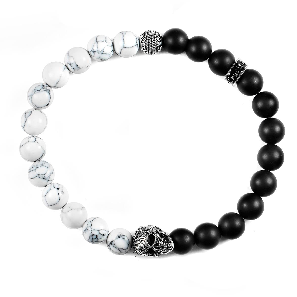 Crucible Jewelry Single Skull Stretch Bracelet with 8mm Matte Black Onyx and Howlite Beads