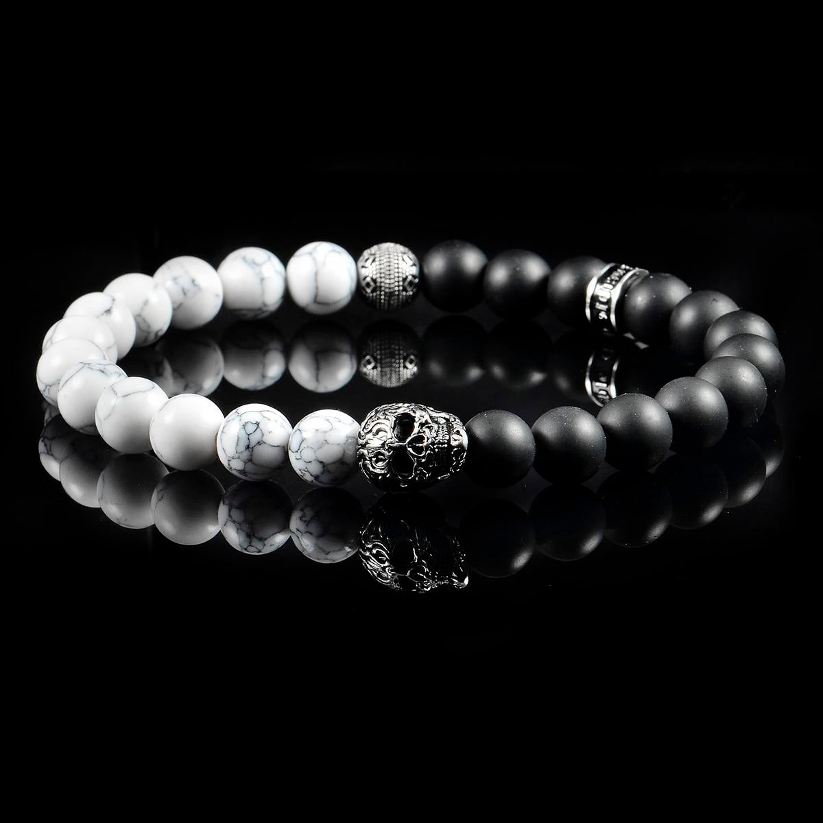 Crucible Jewelry Single Skull Stretch Bracelet with 8mm Matte Black Onyx and Howlite Beads