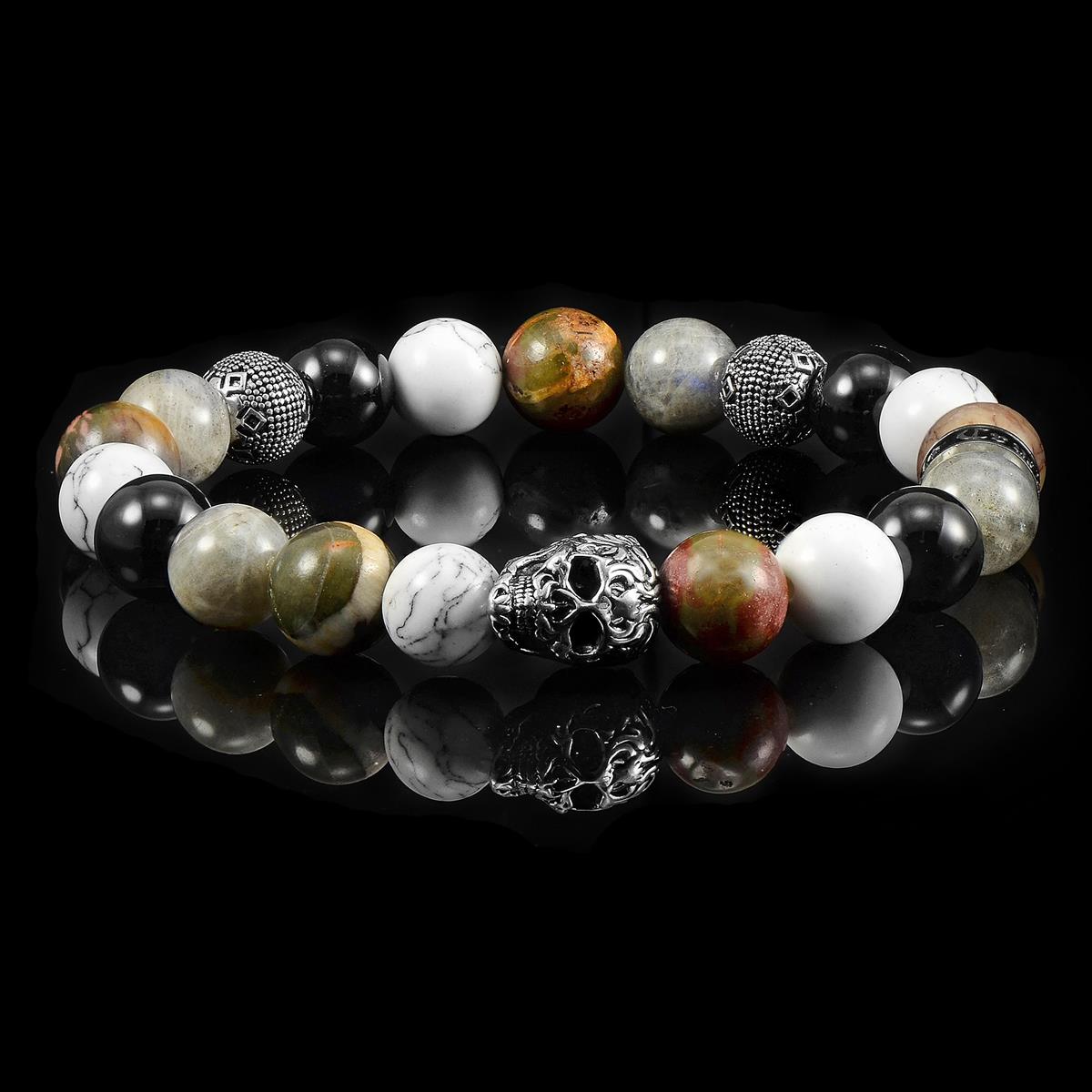 Crucible Jewelry Single Skull Stretch Bracelet with 10mm Polished Black Onyx, Labradorite, Howlite and Picasso Jasper Beads