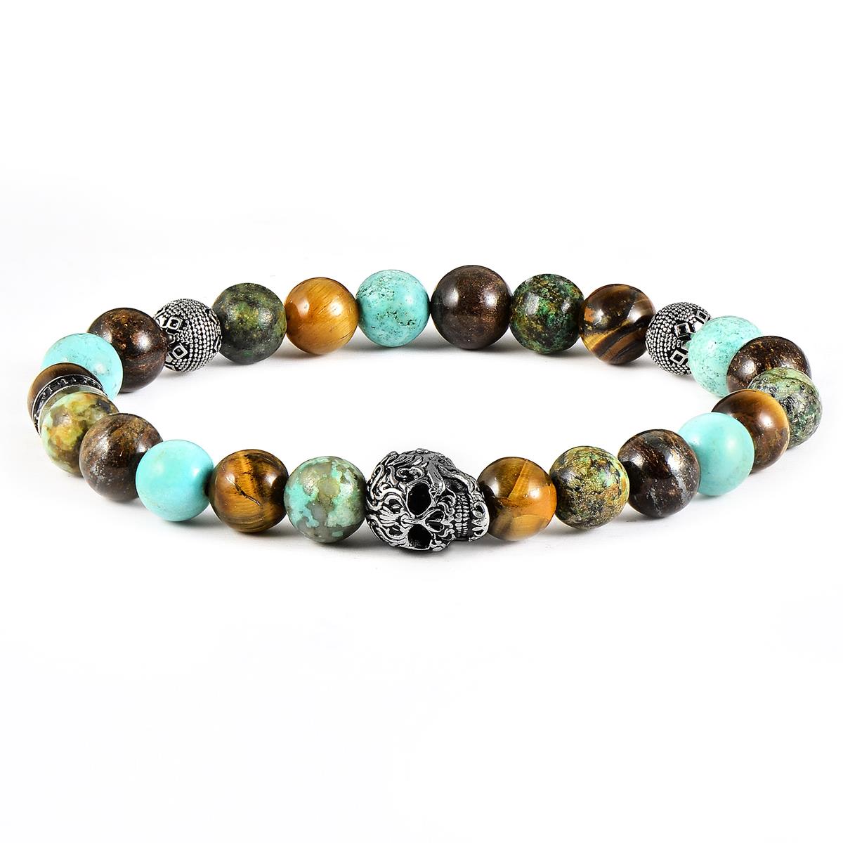 Crucible Jewelry Single Skull Stretch Bracelet with 8mm Tiger Eye, Genuine Turquoise, African Turquoise and Bronzite Beads