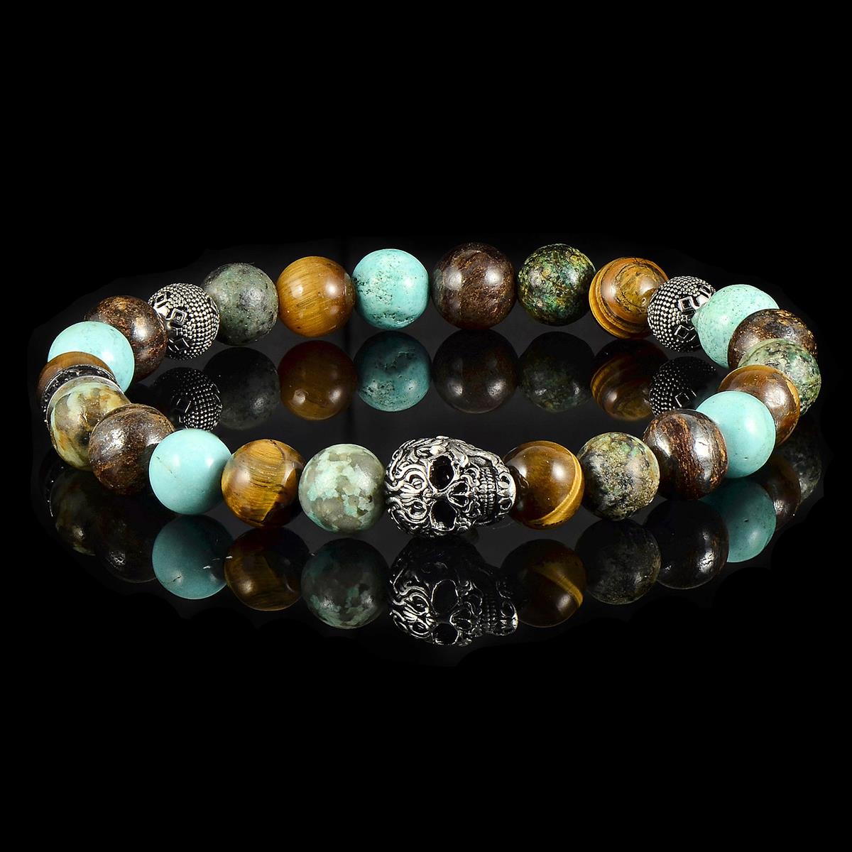 Crucible Jewelry Single Skull Stretch Bracelet with 8mm Tiger Eye, Genuine Turquoise, African Turquoise and Bronzite Beads
