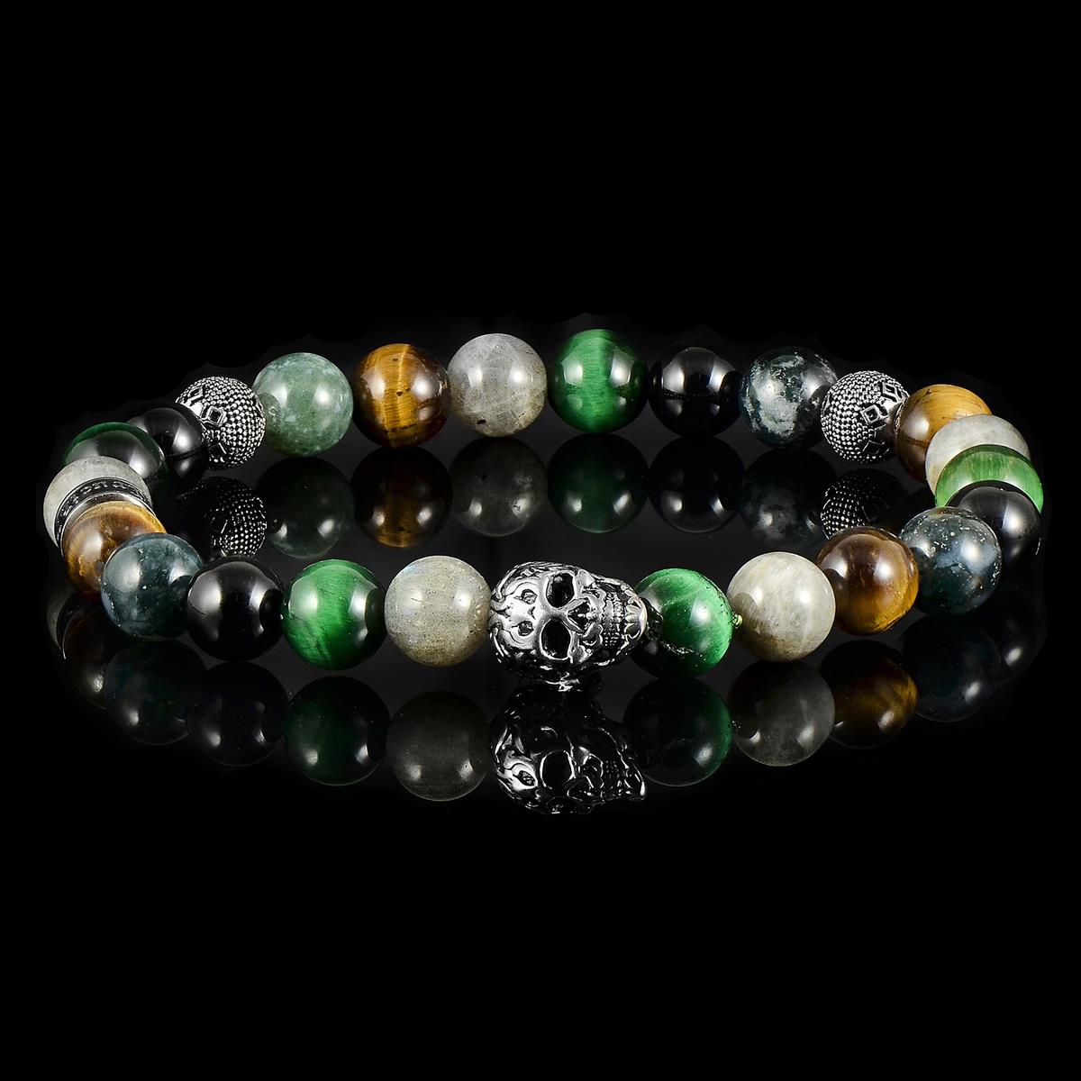 Crucible Jewelry Single Skull Stretch Bracelet with 8mm Polished Black Onyx, Labradorite, Green Tiger Eye, Moss Agate and Tiger Eye Beads