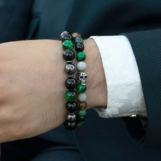 Crucible Jewelry Single Skull Stretch Bracelet with 8mm Polished Black Onyx, Labradorite, Green Tiger Eye, Moss Agate and Tiger Eye Beads