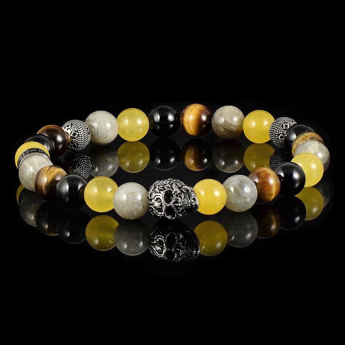 Crucible Jewelry Single Skull Stretch Bracelet with 8mm Polished Black Onyx, Labradorite, Yellow Jade and Tiger Eye Beads
