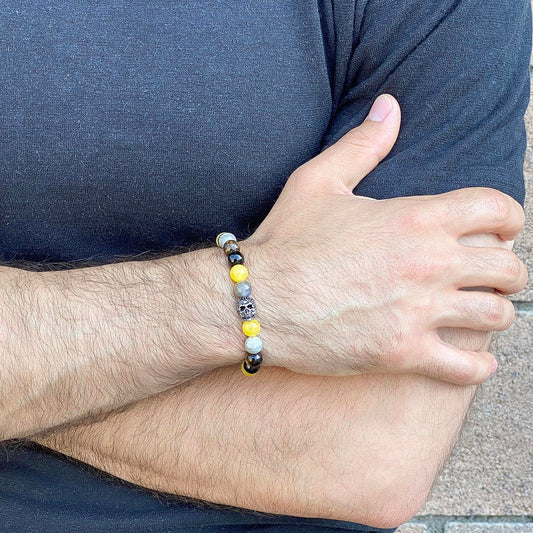 Crucible Jewelry Single Skull Stretch Bracelet with 8mm Polished Black Onyx, Labradorite, Yellow Jade and Tiger Eye Beads