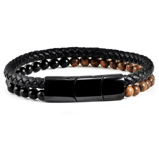 Crucible Jewelry Black Leather Black Clasp Two-tone Wooden Beads Bracelet
