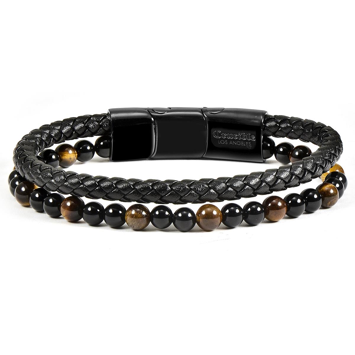 Crucible Jewelry Black Leather Black Clasp Tiger Eye and Black Onyx Bracelet