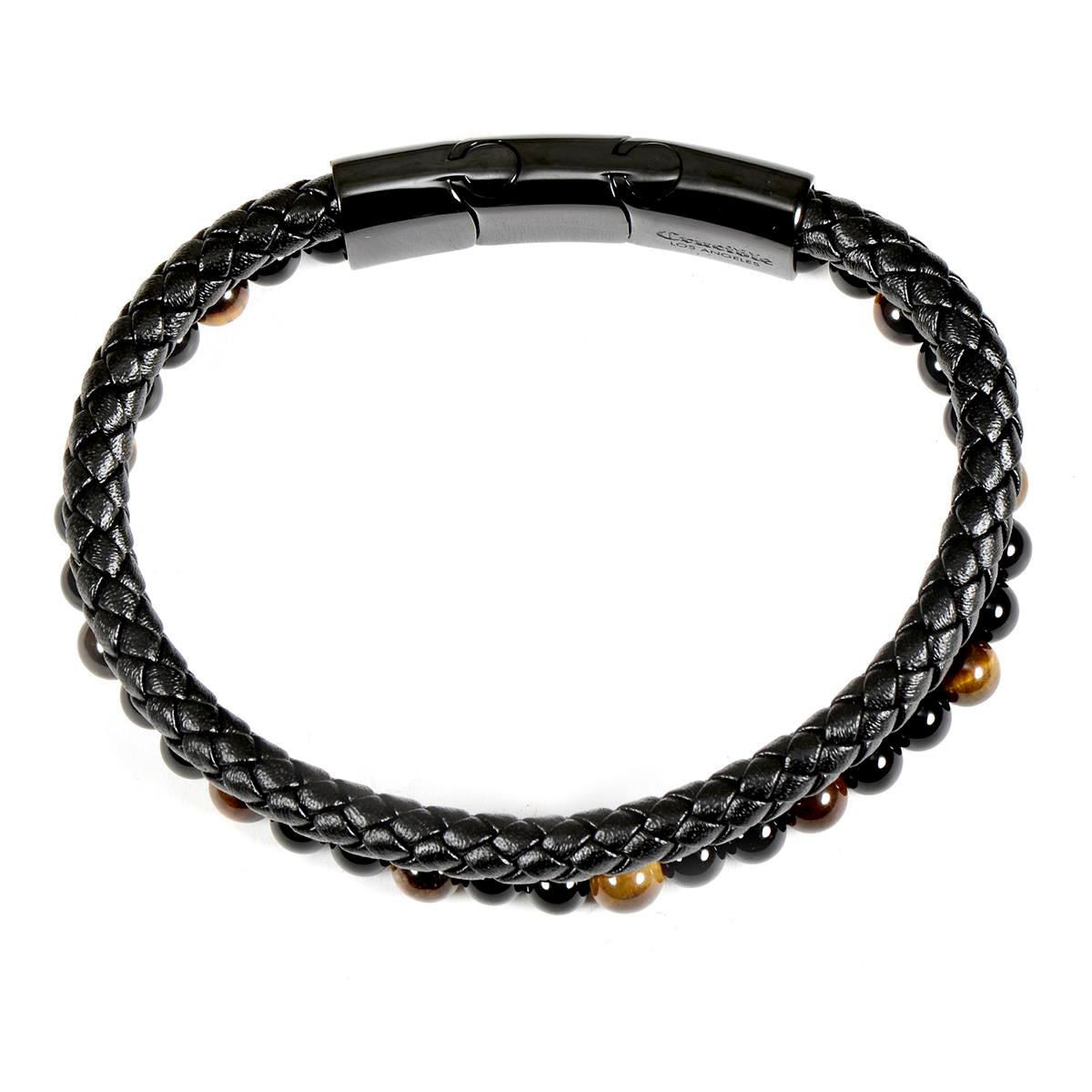 Crucible Jewelry Black Leather Black Clasp Tiger Eye and Black Onyx Bracelet