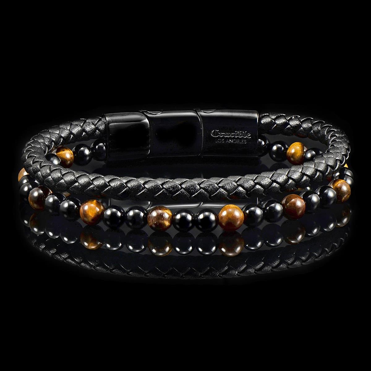 Crucible Jewelry Black Leather Black Clasp Tiger Eye and Black Onyx Bracelet