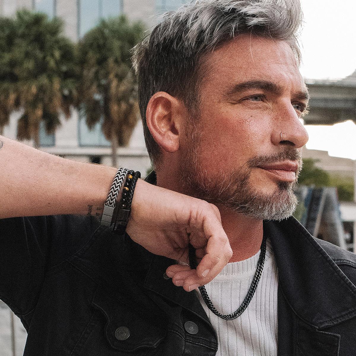 Crucible Jewelry Black Leather Black Clasp Tiger Eye and Black Onyx Bracelet