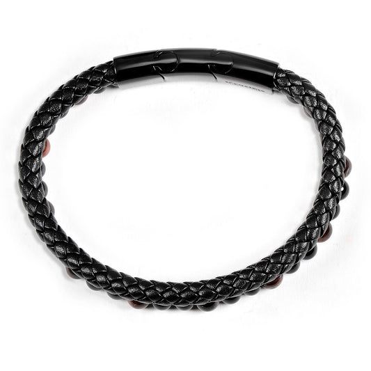 Men's Red Tiger Eye and Black Onyx Stone Bead Leather Bracelet - 8.25" + 0.5" Ext