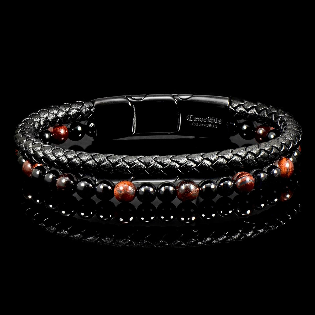 Crucible Jewelry Black Leather Black Clasp Red Tiger Eye and Black Onyx Bracelet