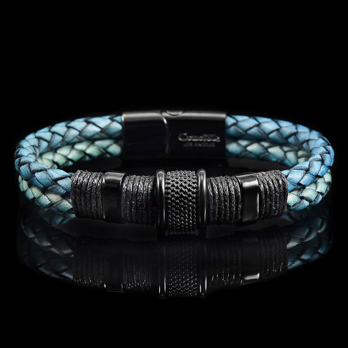 Crucible Jewelry Distressed Blue Leather with Black Nylon Cord and Black IP Stainless Steel Beads