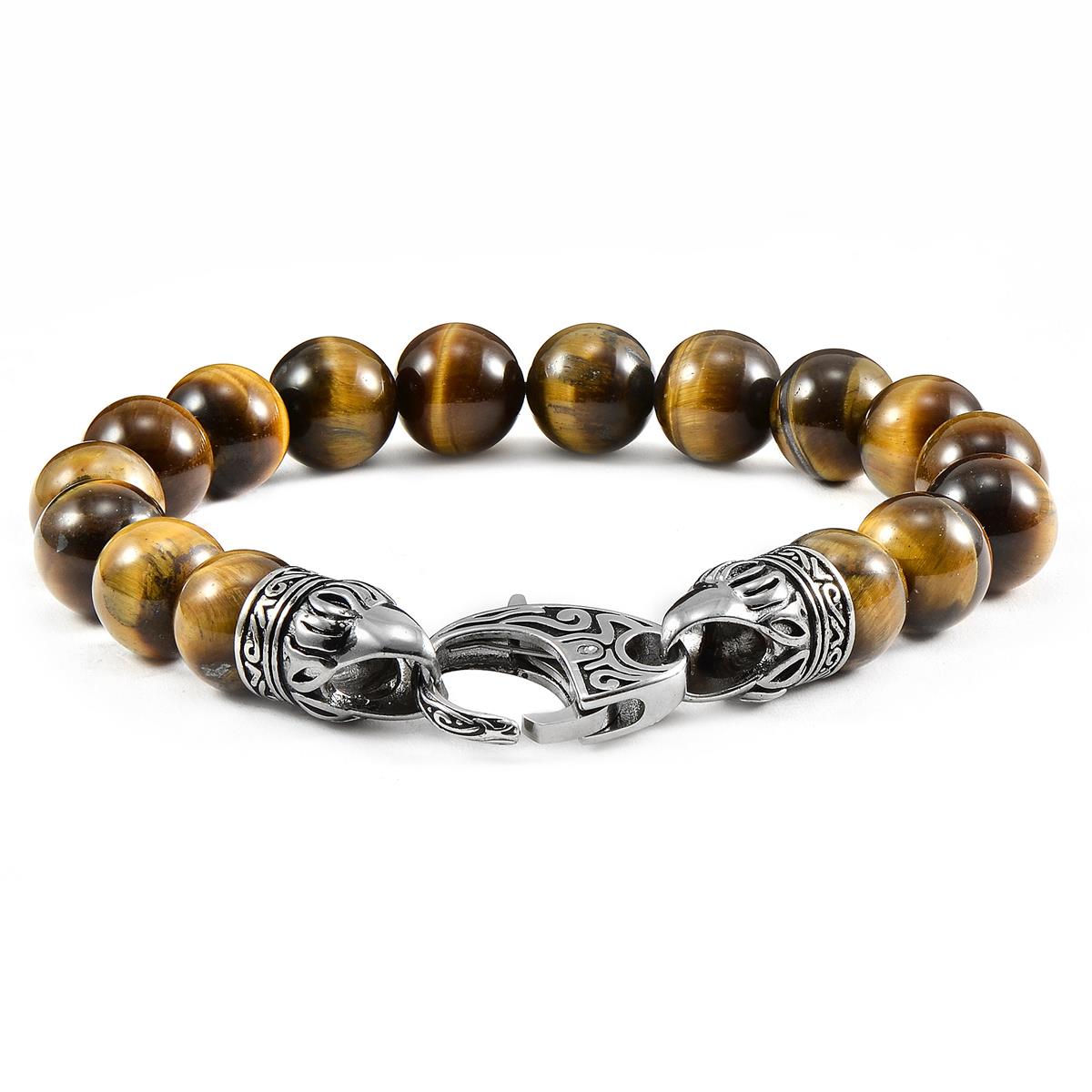 Crucible Jewelry 10mm Tiger Eye Bead Bracelet with Stainless Steel Antiqued Lobster Clasp