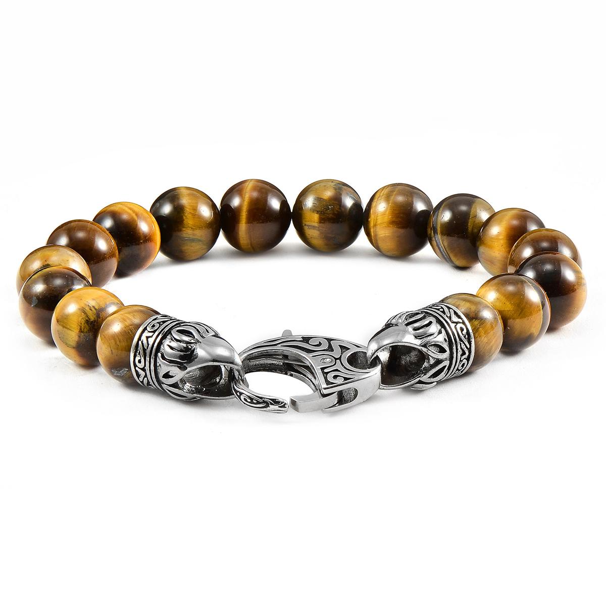 10mm Tiger Eye Bead Bracelet with Stainless Steel Antiqued Lobster Clasp