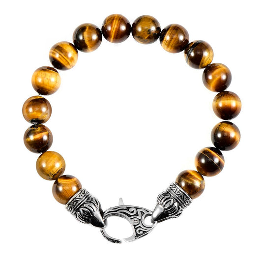 Crucible Jewelry 10mm Tiger Eye Bead Bracelet with Stainless Steel Antiqued Lobster Clasp