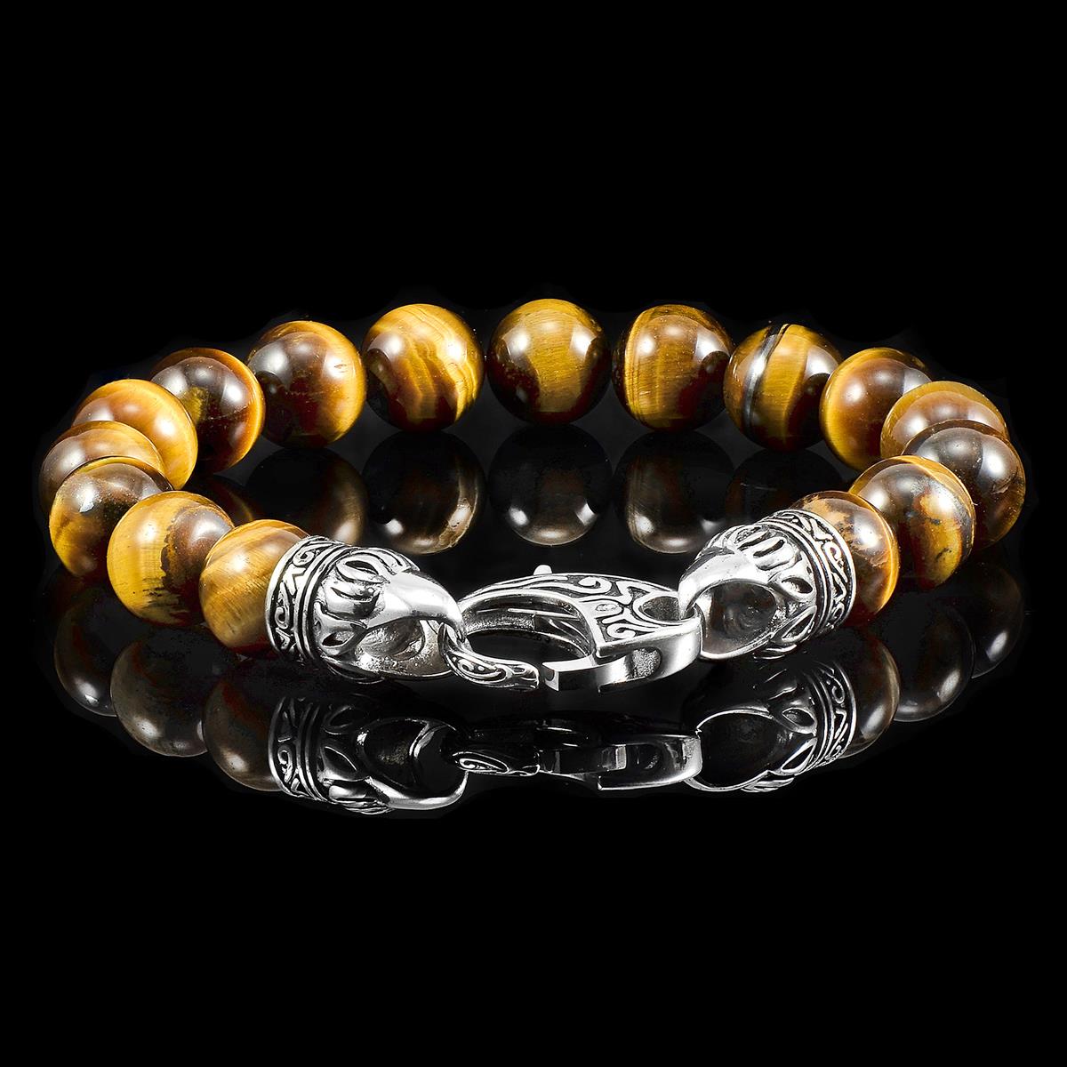 Crucible Jewelry 10mm Tiger Eye Bead Bracelet with Stainless Steel Antiqued Lobster Clasp