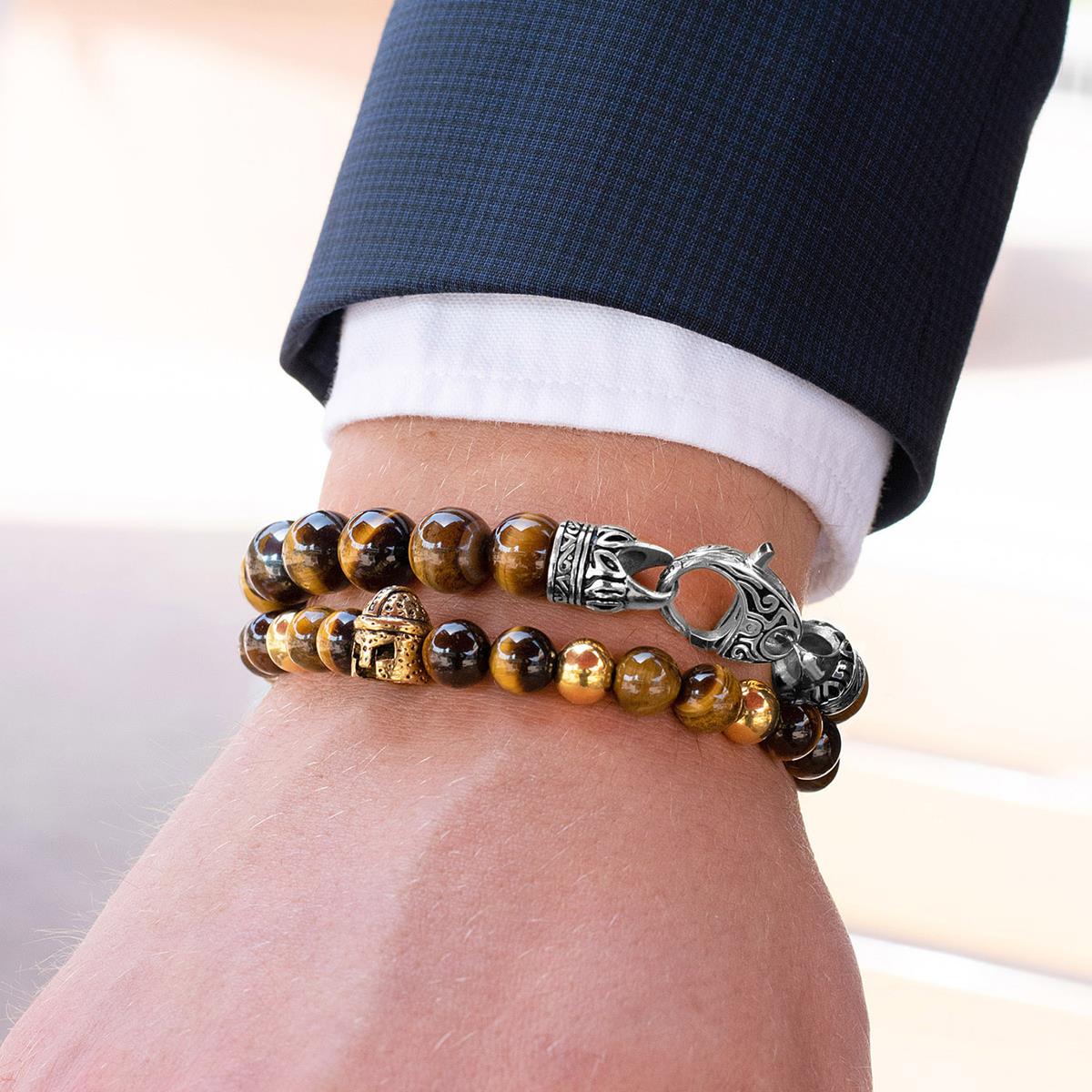 Crucible Jewelry 10mm Tiger Eye Bead Bracelet with Stainless Steel Antiqued Lobster Clasp