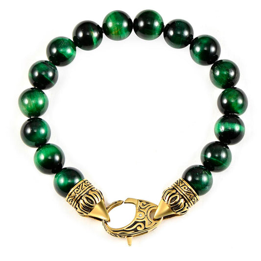 Crucible Jewelry 10mm Green Tiger Eye Bead Bracelet with Gold IP Stainless Steel Antiqued Lobster Clasp