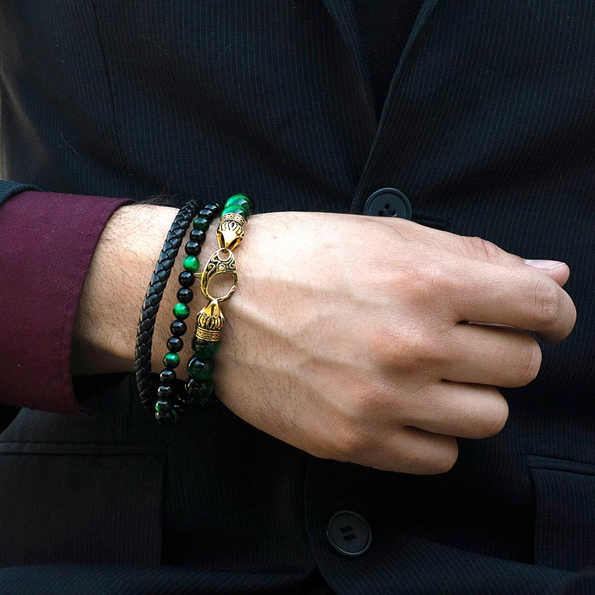 Crucible Jewelry 10mm Green Tiger Eye Bead Bracelet with Gold IP Stainless Steel Antiqued Lobster Clasp