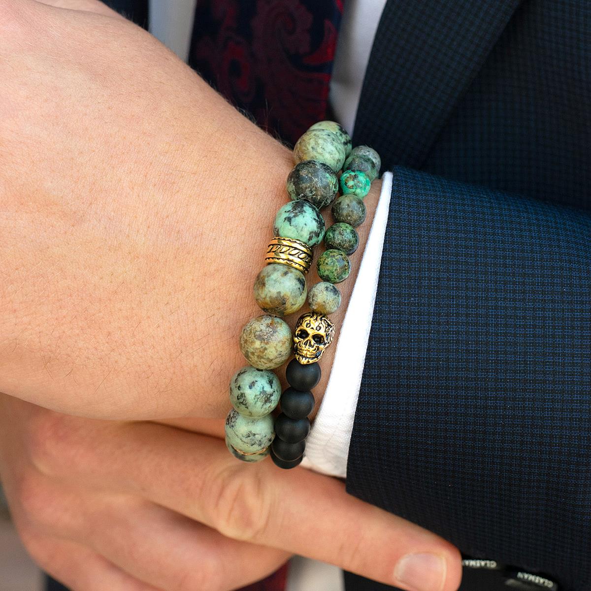 Crucible Jewelry 12mm African Turquoise Bead Stretch Bracelet with Gold IP Stainless Steel Tribal Accent Beads