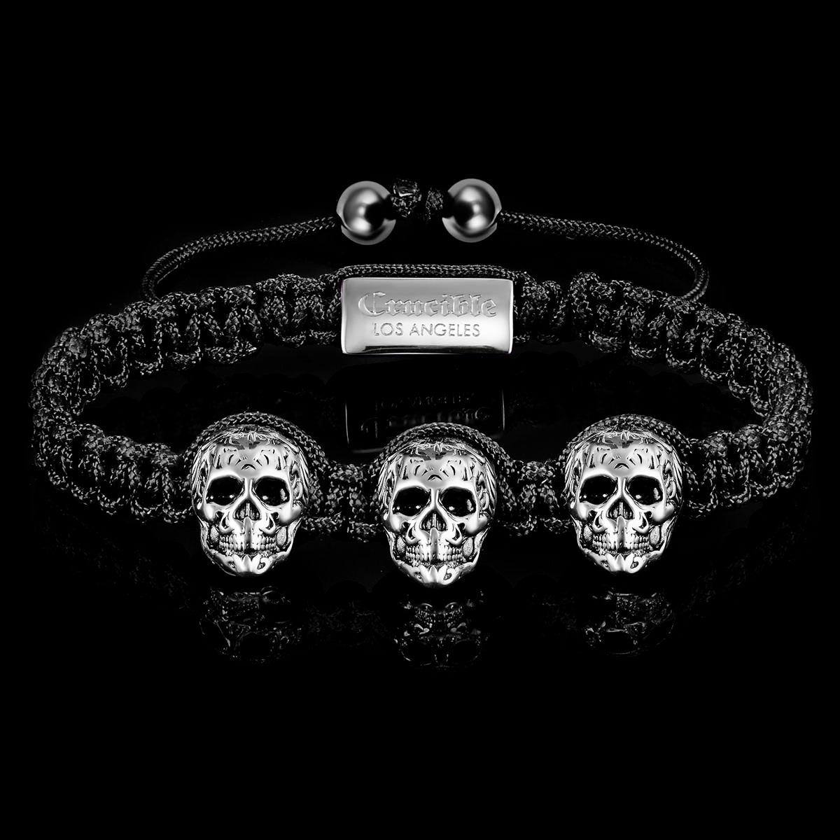 Crucible Jewelry Three Skulls on Shocker Tie Woven Bracelet