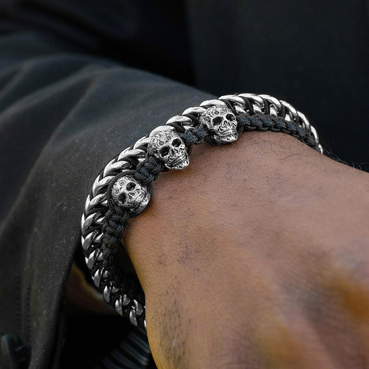 Crucible Jewelry Three Skulls on Shocker Tie Woven Bracelet