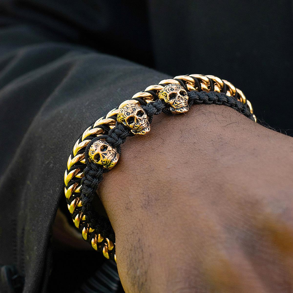 Crucible Triple Skulls on Shocker Tie Woven Bracelet