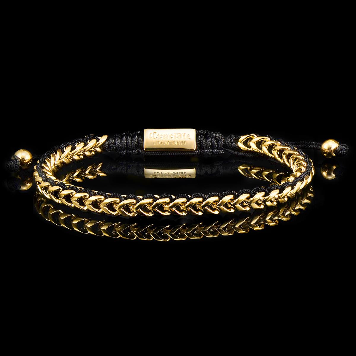Gold Stainless Steel 6mm Franco Chain Bracelet with Woven Black Cord on Shocker Tie