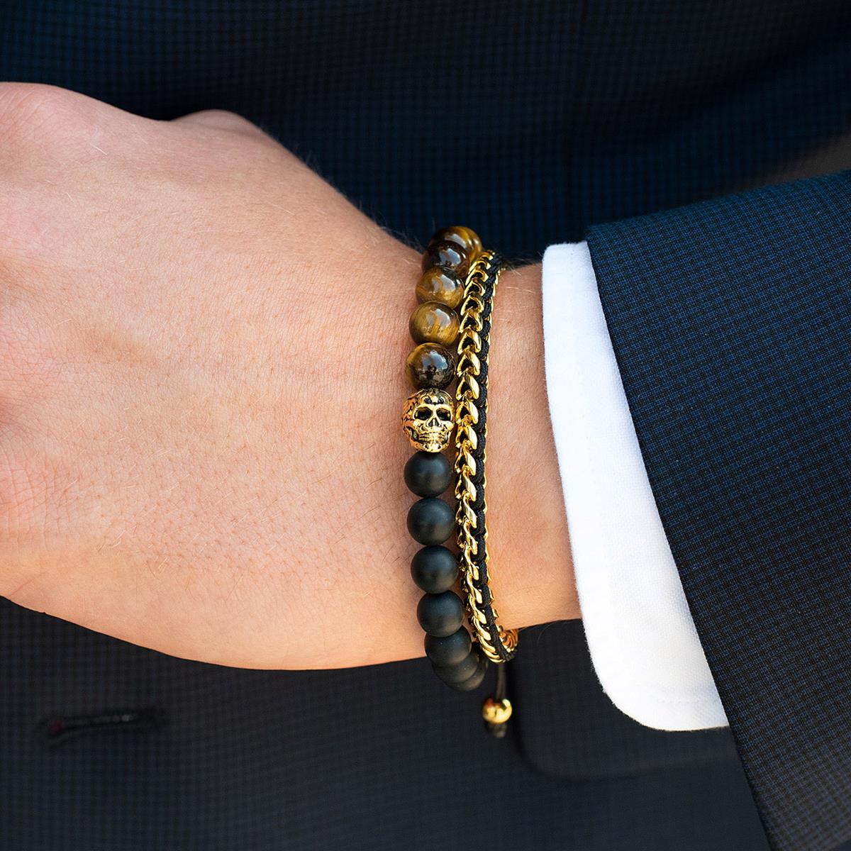Gold Stainless Steel 6mm Franco Chain Bracelet with Woven Black Cord on Shocker Tie