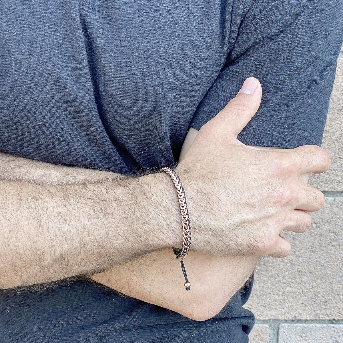 Gold Stainless Steel 6mm Franco Chain Bracelet with Woven Black Cord on Shocker Tie