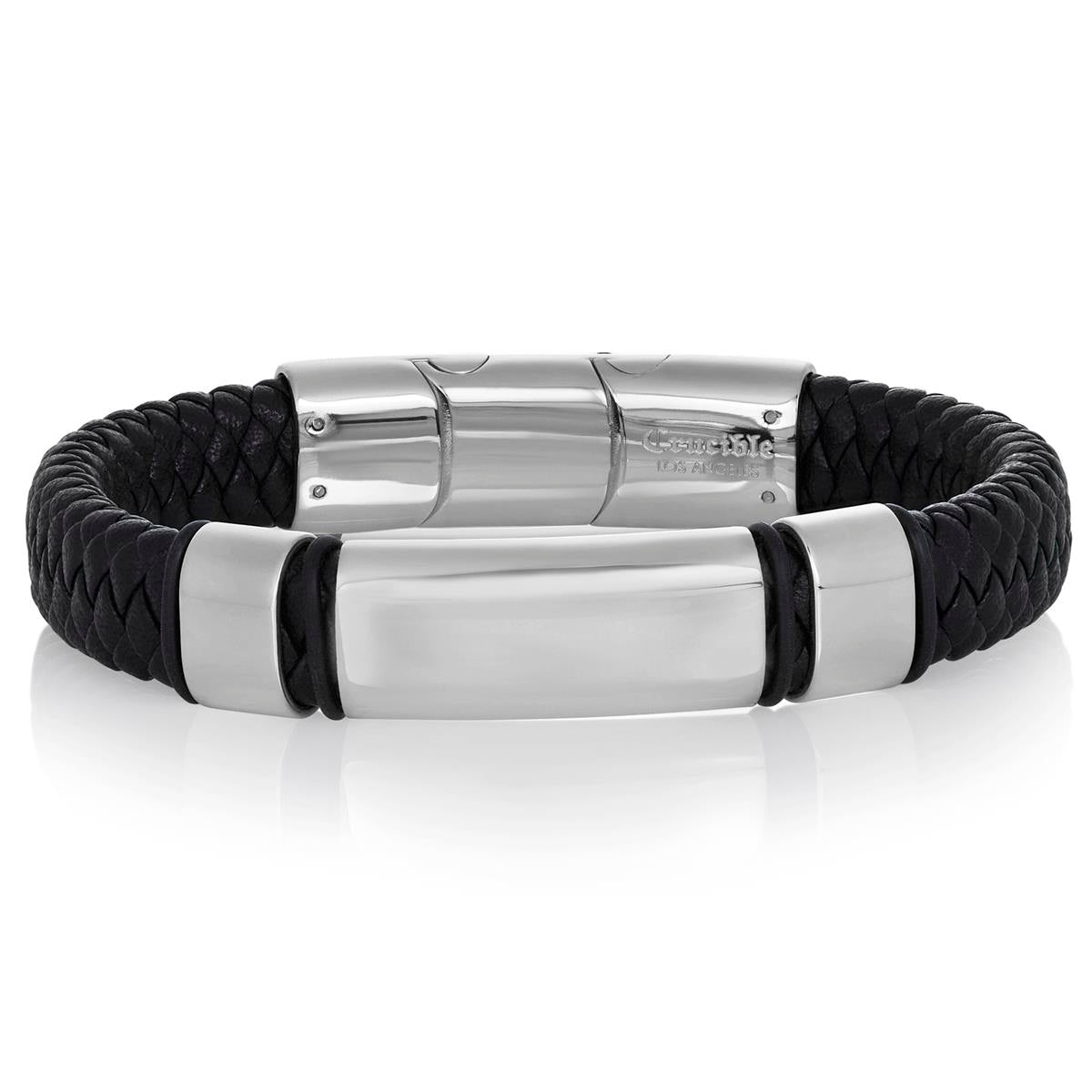 Crucible Jewelry Black Leather and Stainless Steel Engravable ID