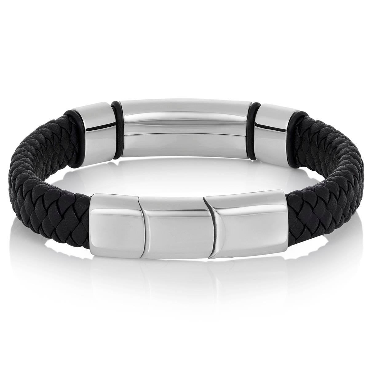Crucible Jewelry Black Leather and Stainless Steel Engravable ID Bracelet