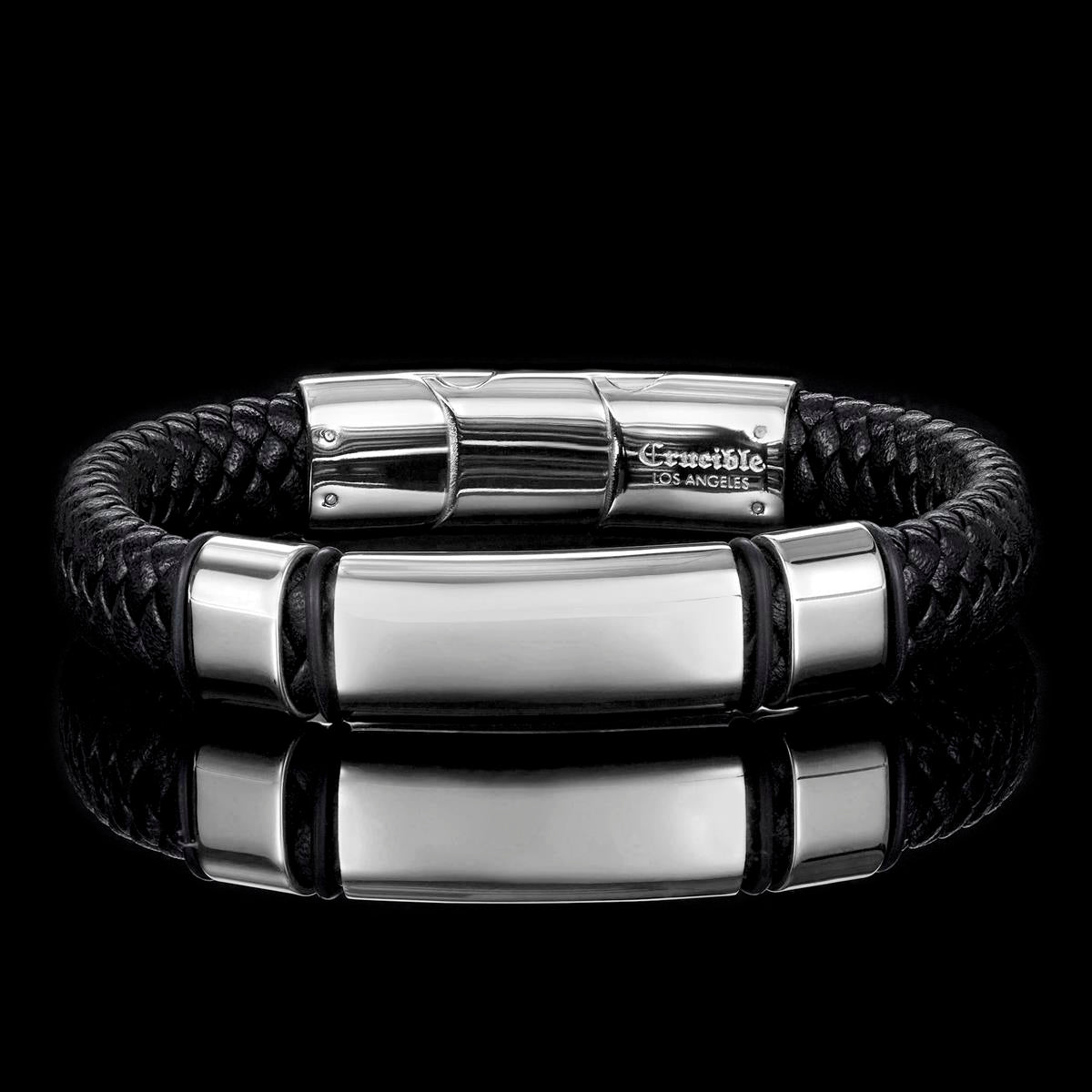 Crucible Jewelry Black Leather and Stainless Steel Engravable ID Bracelet