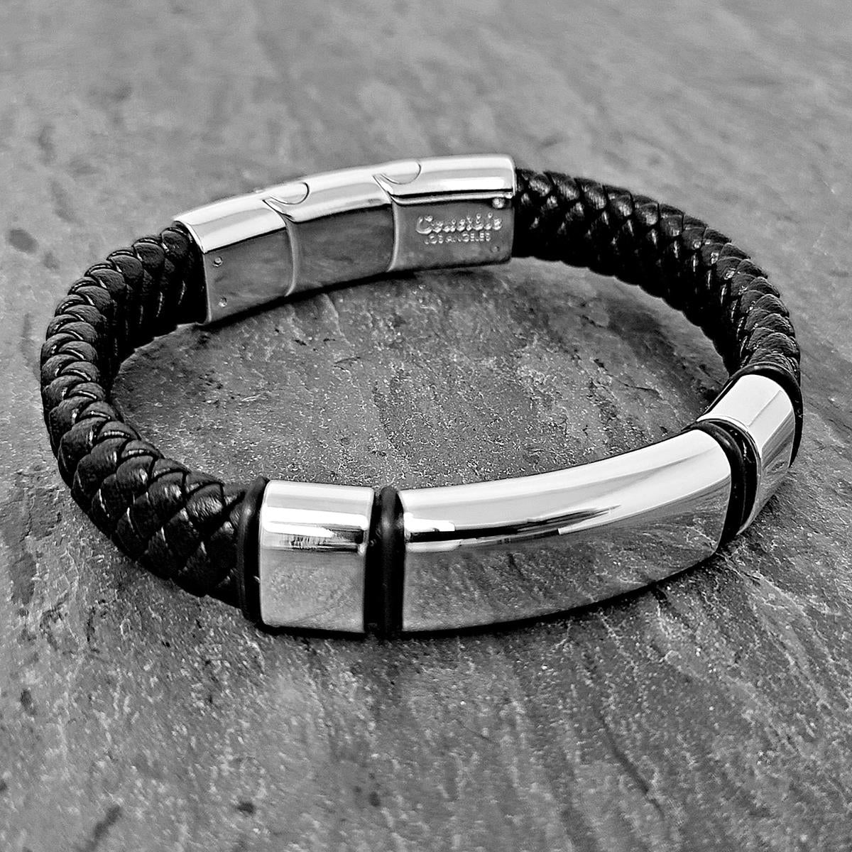 Men's Engravable Steel Plate Black Leather Bracelet