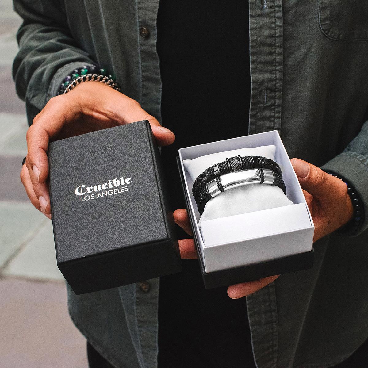 Men's Engravable Steel Plate Black Leather Bracelet