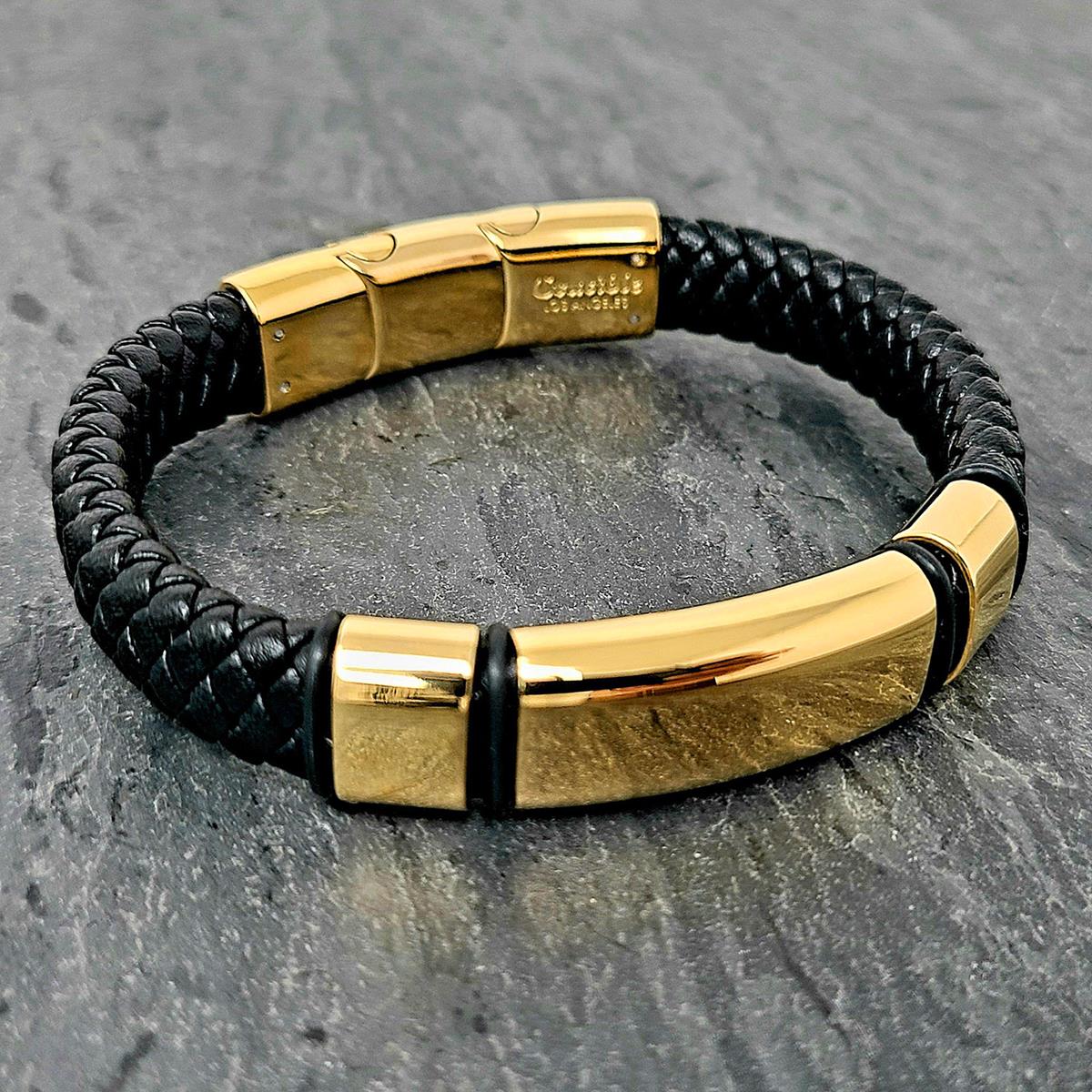 Men's Engravable Steel Plate Black Leather Bracelet